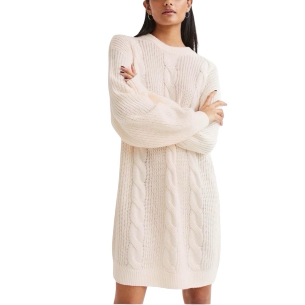 H&M Divided Cable Knit Balloon Long Sleeve Crew Neck Dress Creamy White Small